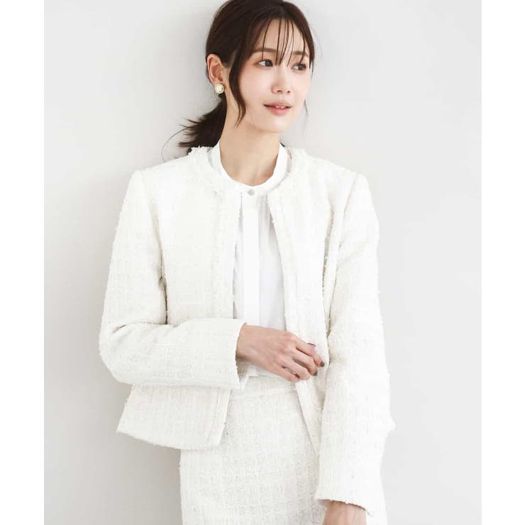 アイボリー | ノーカラーファンシーツイードジャケット/セットアップ対応/洗える | MK MICHEL KLEIN