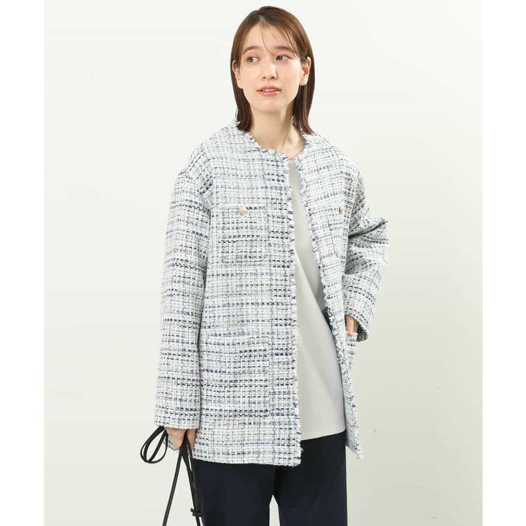 miya ツイードノーカラージャケット ツイードノーカラーミドル ジャケット （ノーカラージャケット