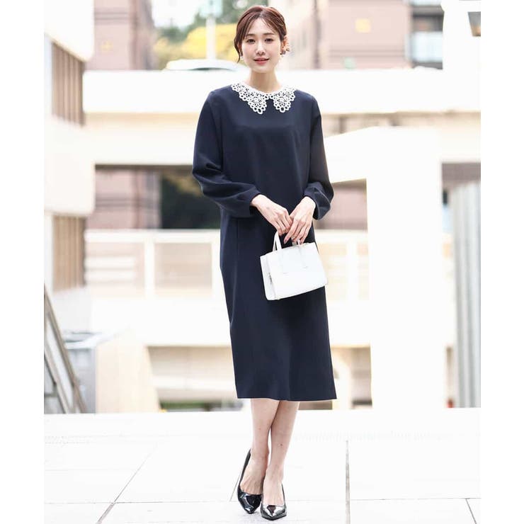 ネイビー | レース衿付きサックワンピース/防シワ/洗える | MK MICHEL KLEIN