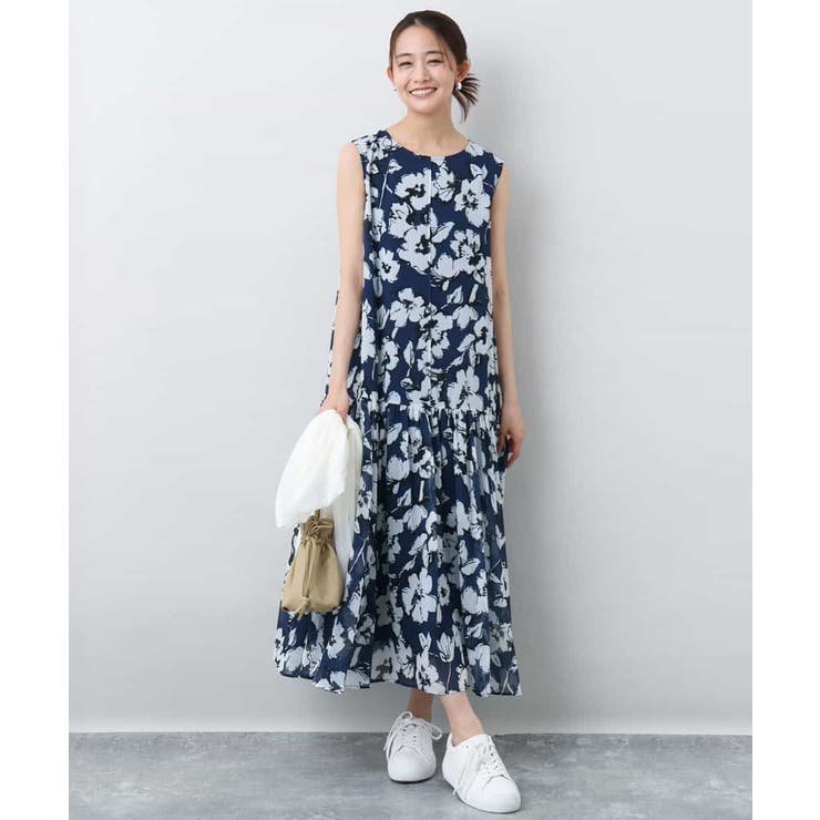 ネイビー | 花柄ティアードワンピース/洗える | MK MICHEL KLEIN