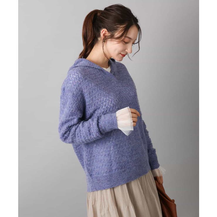 パープル | 透かし編みニットフーディープルオーバー/洗える | MK MICHEL KLEIN