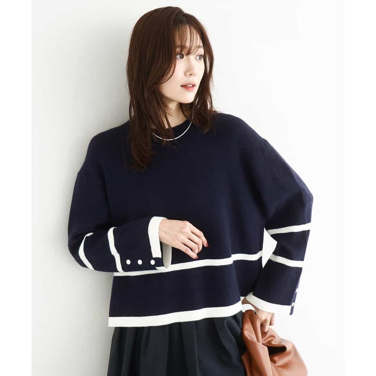 ネイビー×ホワイト | 配色ライン片畦編みニット/洗える | MK MICHEL KLEIN