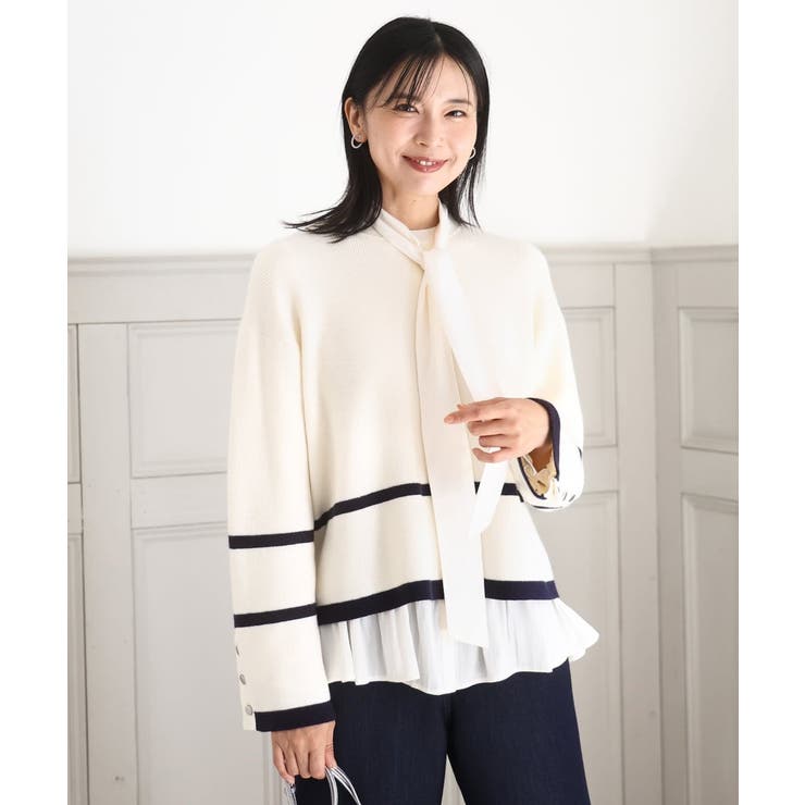 アイボリー | 配色ライン片畦編みニット/洗える | MK MICHEL KLEIN