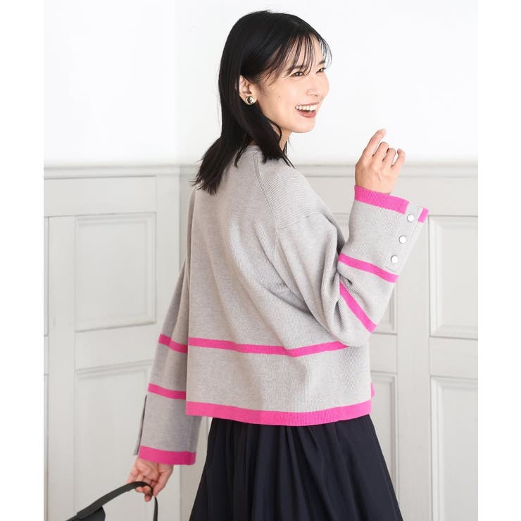 グレー | 配色ライン片畦編みニット/洗える | MK MICHEL KLEIN