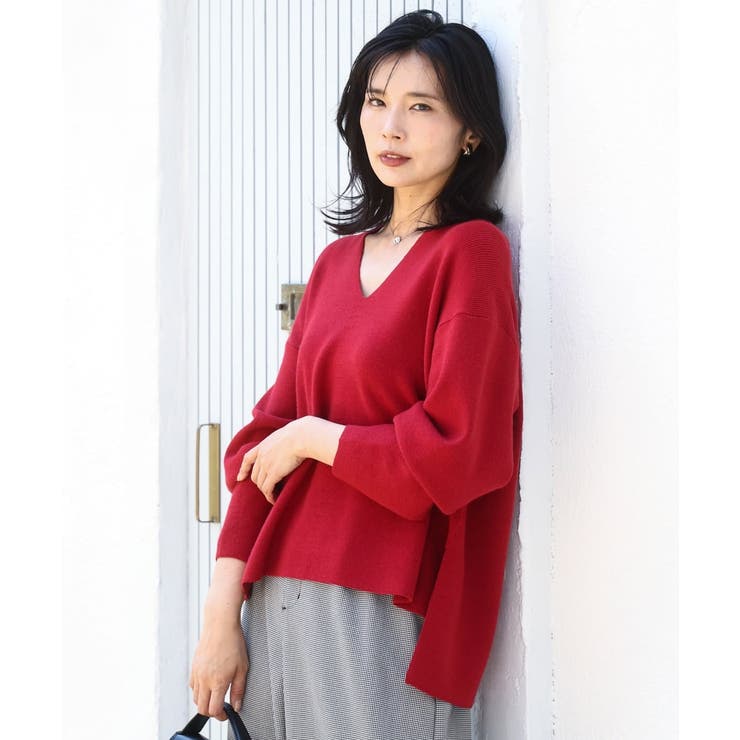 片畦編みVネックニット/洗える | MK MICHEL KLEIN | 詳細画像1 