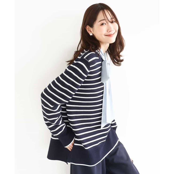 ネイビー | 柄編みボーダーニット | MK MICHEL KLEIN