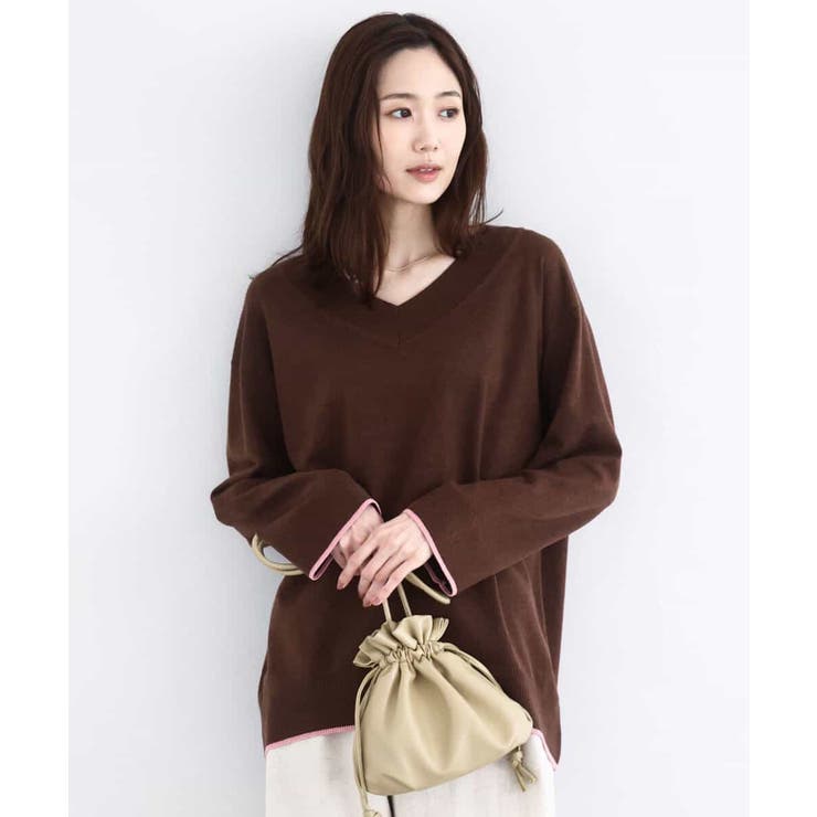 ブラウン | 配色ラインVネックニット/洗える | MK MICHEL KLEIN