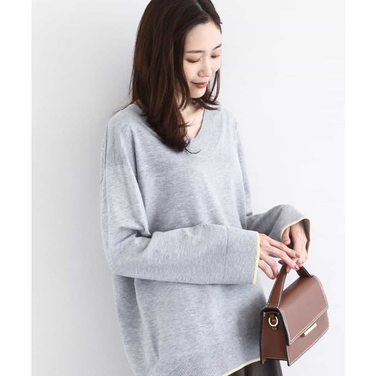 グレー | 配色ラインVネックニット/洗える | MK MICHEL KLEIN