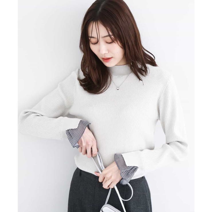 ライトグレー | 千鳥格子柄シフォンレイヤード風ハイゲージニット/洗える | MK MICHEL KLEIN