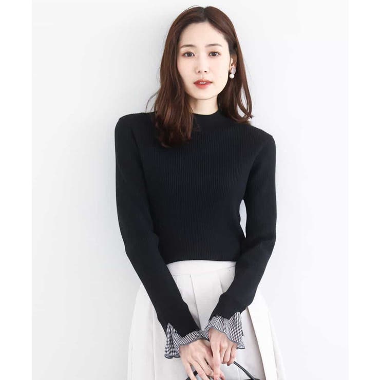 ブラック | 千鳥格子柄シフォンレイヤード風ハイゲージニット/洗える | MK MICHEL KLEIN