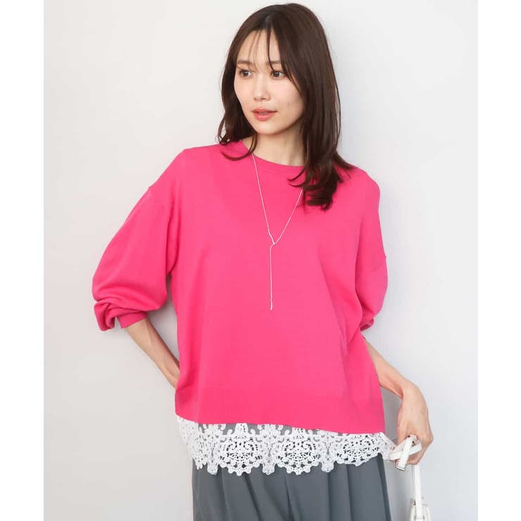 ピンク | ハイゲージニット×裾レースタンクトップセット/洗える | MK MICHEL KLEIN