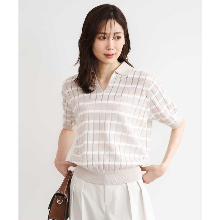 ベージュ（ボーダー） | [洗える]衿付きスキッパーデザインニット | MK MICHEL KLEIN