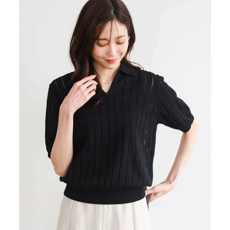 ブラック（無地） | [洗える]衿付きスキッパーデザインニット | MK MICHEL KLEIN