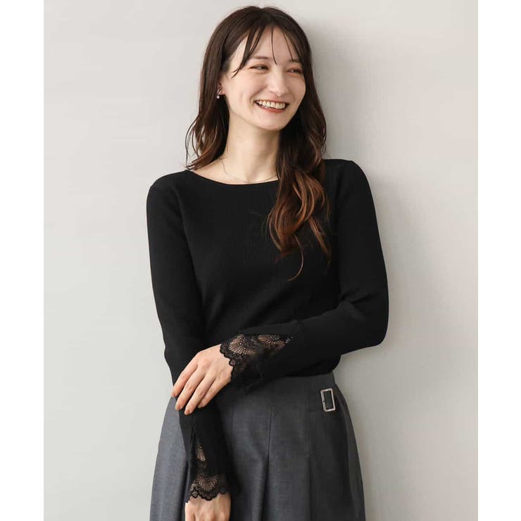 ブラック | [洗える]袖レースデザインリブニット | MK MICHEL KLEIN