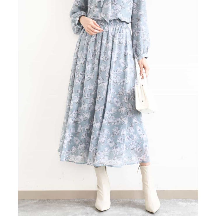 ミントブルー | 花柄シフォンスカート/洗える | MK MICHEL KLEIN