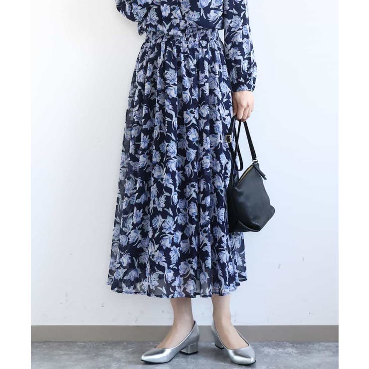ネイビー | 花柄シフォンスカート/洗える | MK MICHEL KLEIN