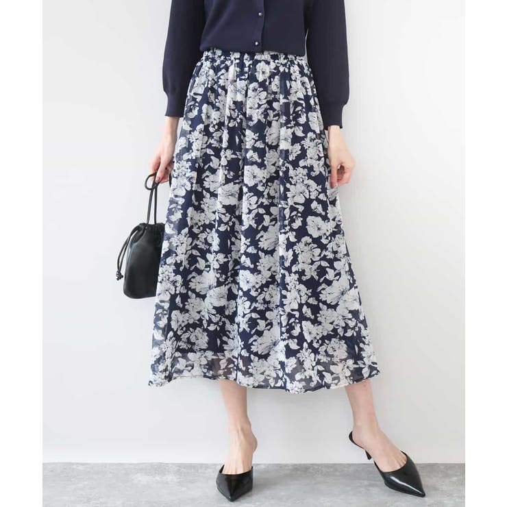 ネイビー | 花柄シフォンスカート/洗える | MK MICHEL KLEIN
