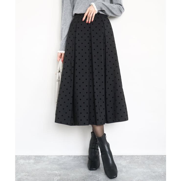 ブラック | フロッキードット柄タックスカート/洗える | MK MICHEL KLEIN