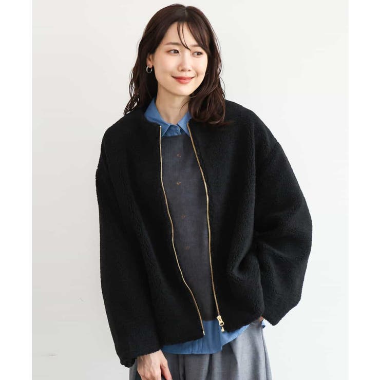 ブラック | [洗える]ノーカラーボアブルゾン | MK MICHEL KLEIN