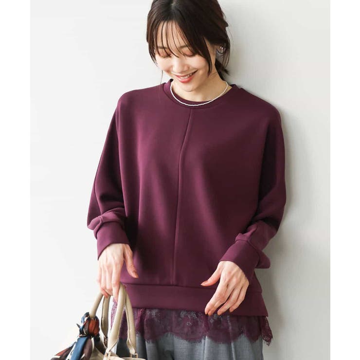 ワイン | [洗える]レースヘムダンボールカットソー | MK MICHEL KLEIN