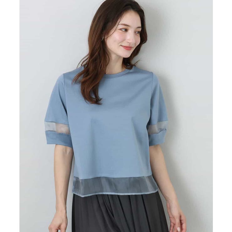 ライトブルー | シアー切替えランタンスリーブカットソー/接触冷感/洗える | MK MICHEL KLEIN