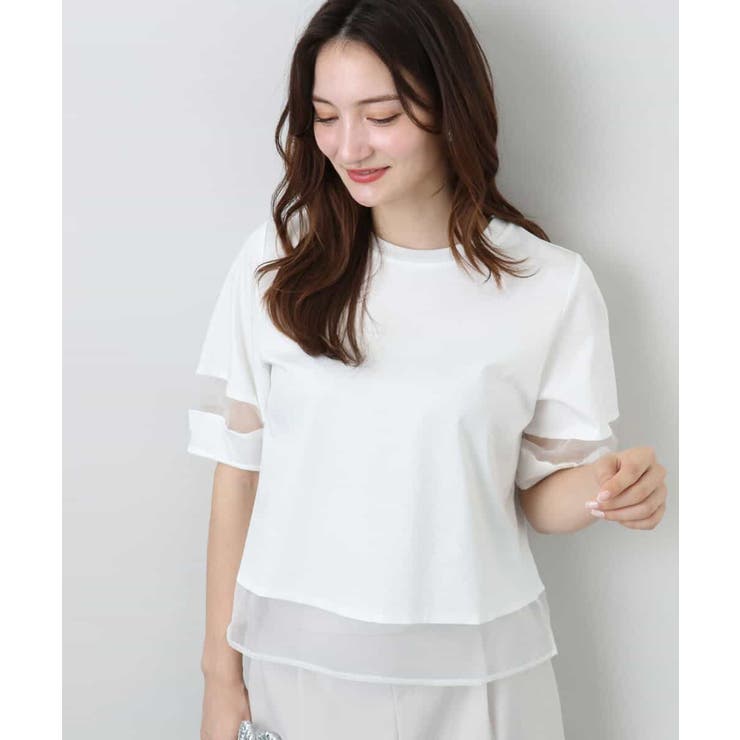 ホワイト | シアー切替えランタンスリーブカットソー/接触冷感/洗える | MK MICHEL KLEIN