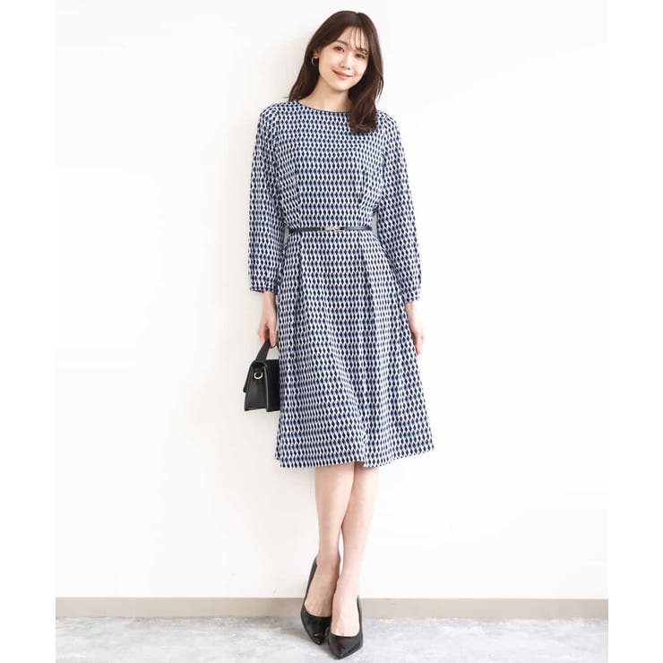 ネイビー | [イージーケア]幾何柄ジャージーワンピース/洗える | MK MICHEL KLEIN