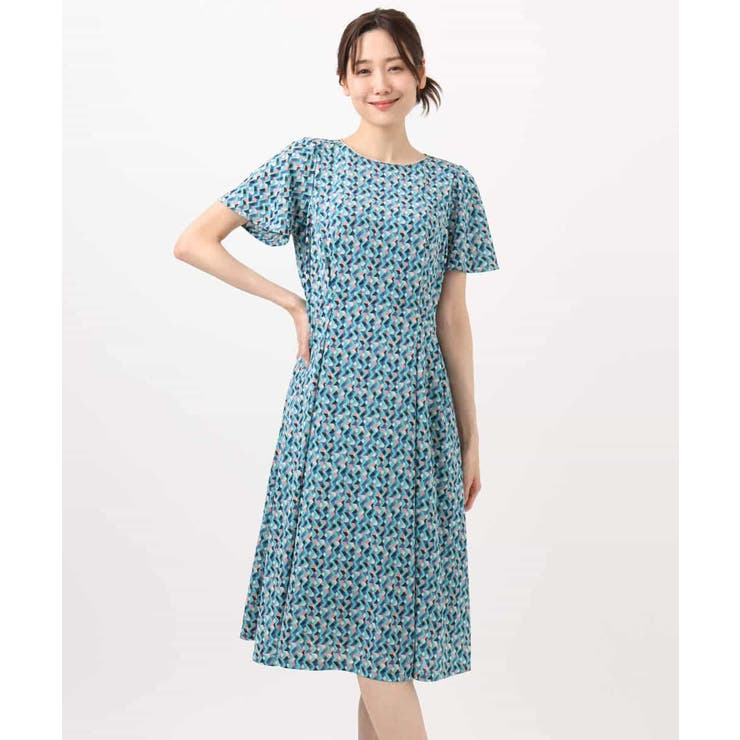 ウエストタックジャージーワンピース（幾何柄・無地）/洗える[品番