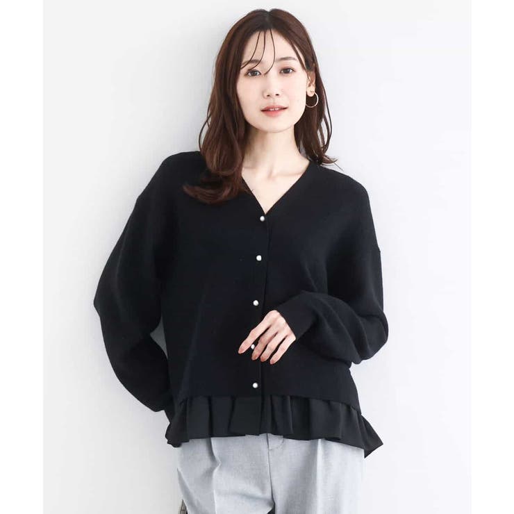 ブラック | ペプラムデザインVネックニットカーディガン/洗える | MK MICHEL KLEIN