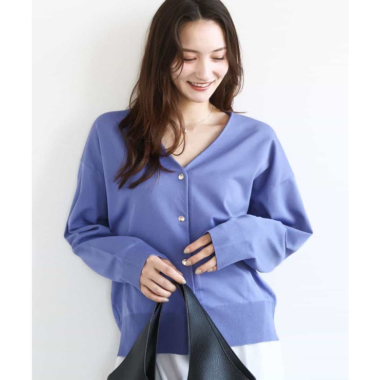 パープル（無地） | ドット釦Vネックカーディガン(無地・ボーダー)/洗える | MK MICHEL KLEIN