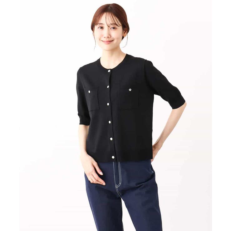 メタル釦ディティール半袖ニットカーディガン[品番：ITKW0017869