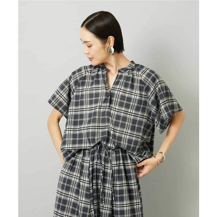 ブラック | [セットアップ対応]ギャザーブラウス シアーチェック柄 | MICHEL KLEIN