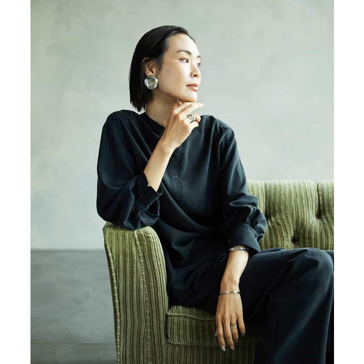 ブラック | [セットアップ対応]バンドカラーロングシャツブラウス | MICHEL KLEIN