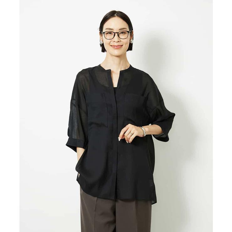 ブラック | バンドカラーシアーブラウス | MICHEL KLEIN