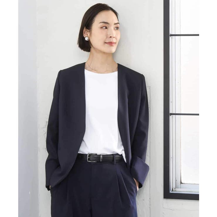 ネイビー | [セットアップ対応]ツイードライク ノーカラージャケット | MICHEL KLEIN