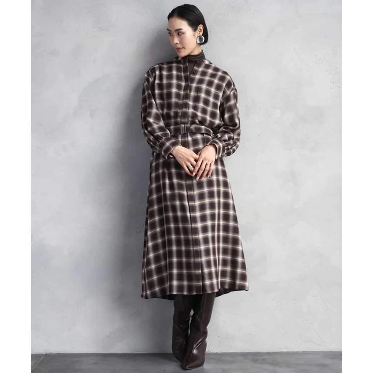 ブラウン | バンドカラーチェックシャツワンピース | MICHEL KLEIN