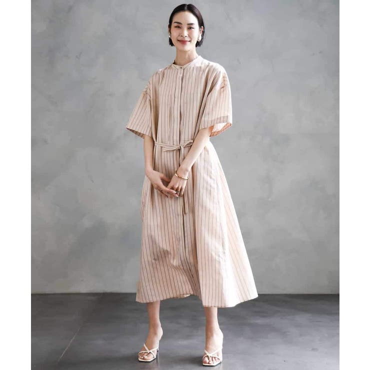 オレンジ | ストライプ柄ダブルポケットワンピース | MICHEL KLEIN