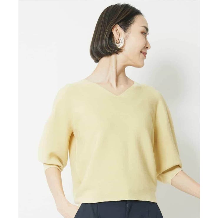 イエロー(25) | [1枚着としておすすめ]ホールガーメント(R)Vネックボリュームスリーブニット | MICHEL KLEIN