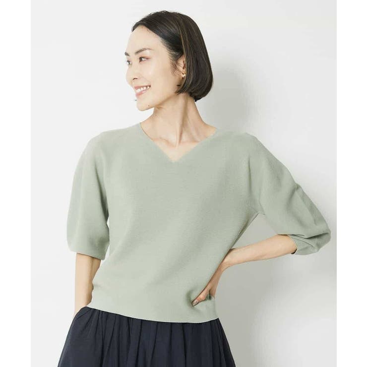 ライトグリーン(43) | [1枚着としておすすめ]ホールガーメント(R)Vネックボリュームスリーブニット | MICHEL KLEIN