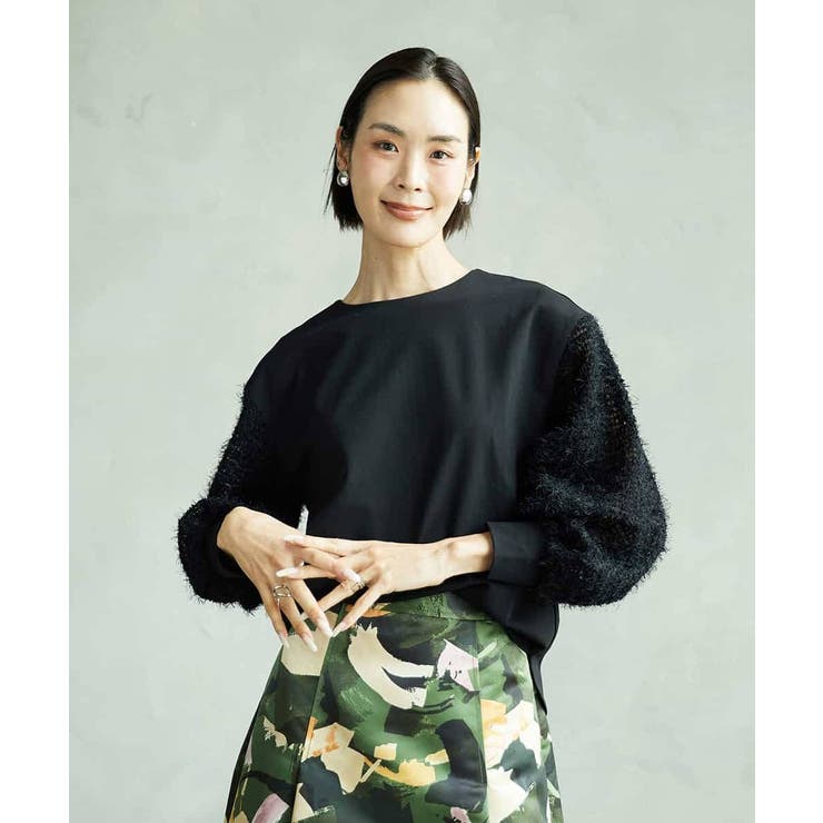 ブラック | パフスリーブ異素材カットソー | MICHEL KLEIN