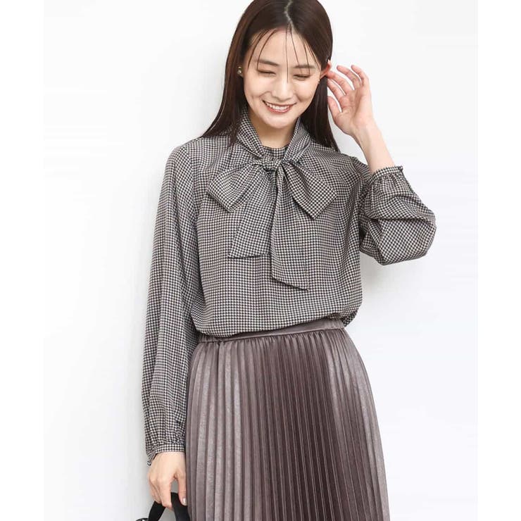 ベージュ | ボウタイ付き千鳥柄プリントブラウス/洗える | MK MICHEL KLEIN