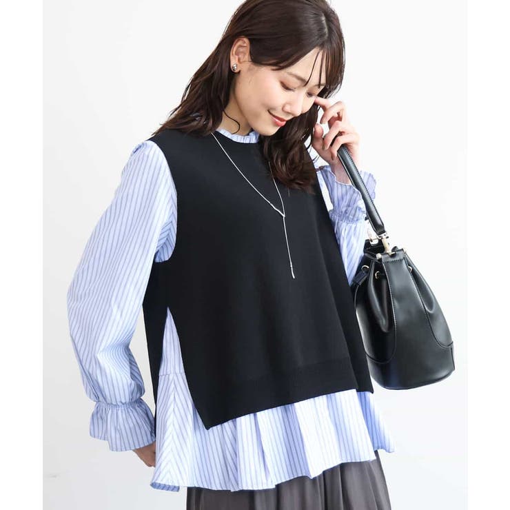 ブラック | [洗える]フリルハイネックブラウス×ニットベスト ツインセット | MK MICHEL KLEIN