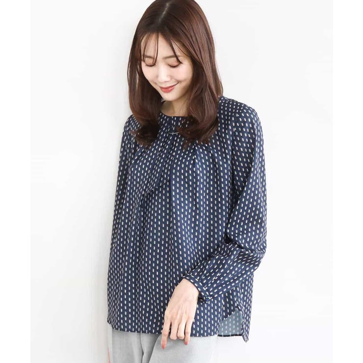 ネイビー | ボウタイ風幾何柄ブラウス/洗える | MK MICHEL KLEIN