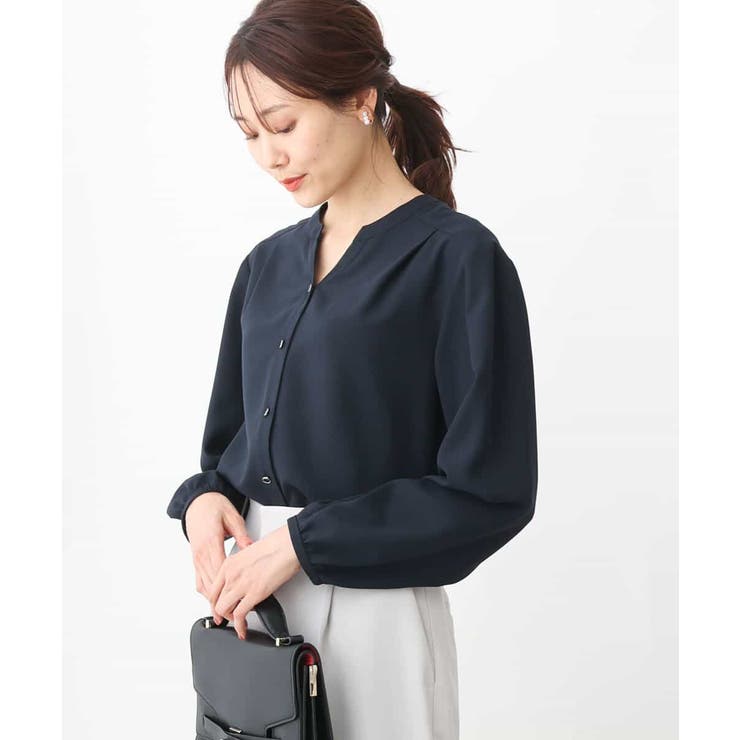 キーネックデザインブラウス/洗える[品番：ITKW0016308]｜MK MICHEL 