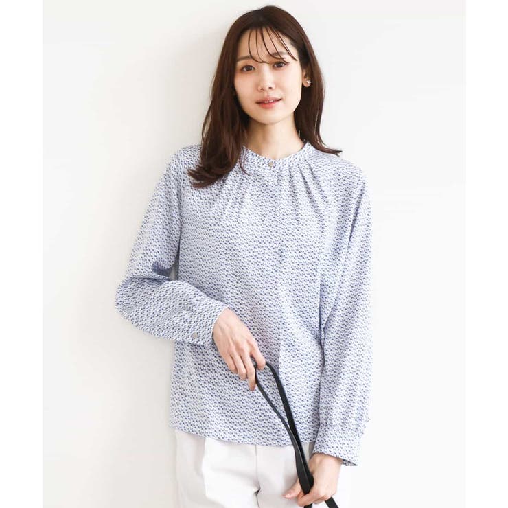 ライトブルー | 幾何柄バンドカラーブラウス/洗える | MK MICHEL KLEIN