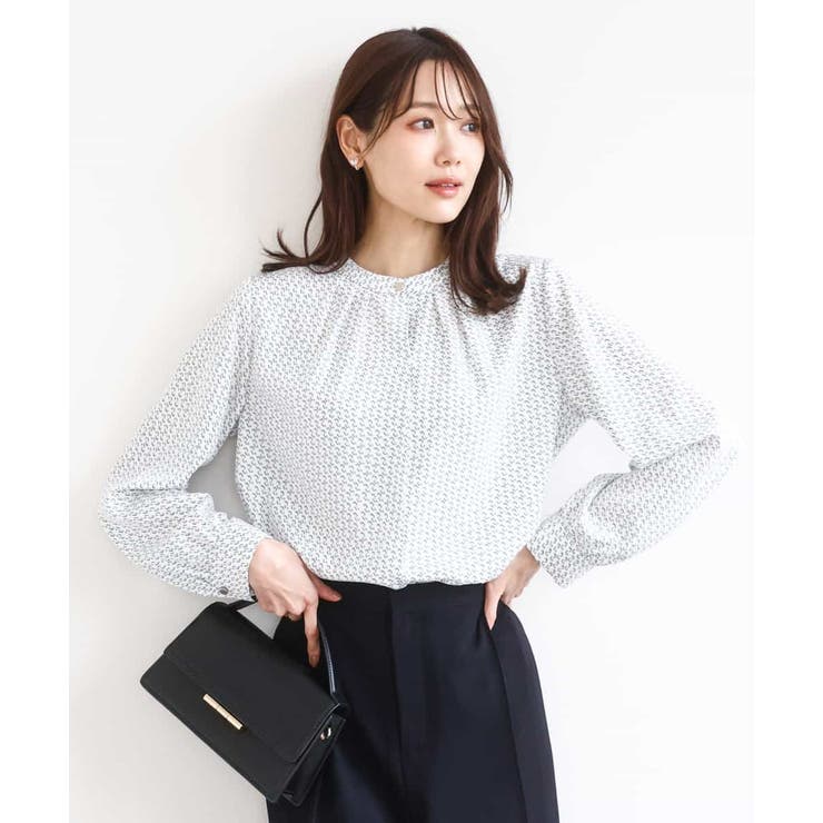 アイボリー | 幾何柄バンドカラーブラウス/洗える | MK MICHEL KLEIN