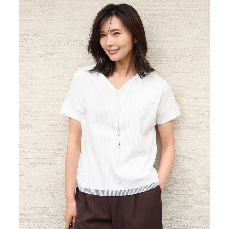 ホワイト | [接触冷感/洗える]ストライプチュールカットソー | MK MICHEL KLEIN