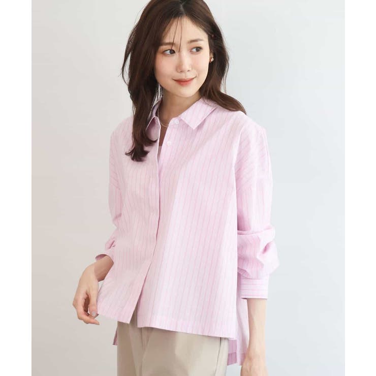 ピンク | クロップド丈コットンストライプシャツブラウス/洗える | MK MICHEL KLEIN