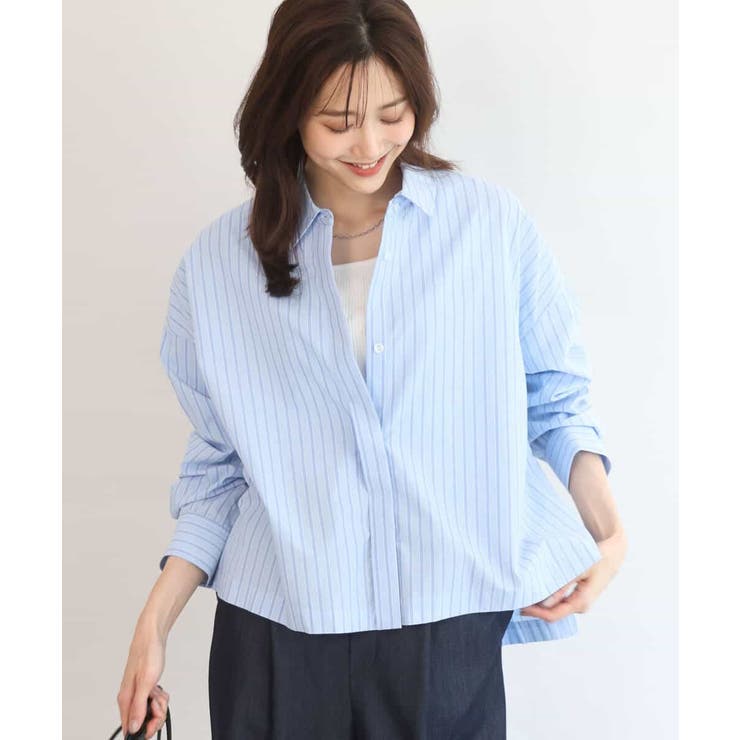 ライトブルー | クロップド丈コットンストライプシャツブラウス/洗える | MK MICHEL KLEIN
