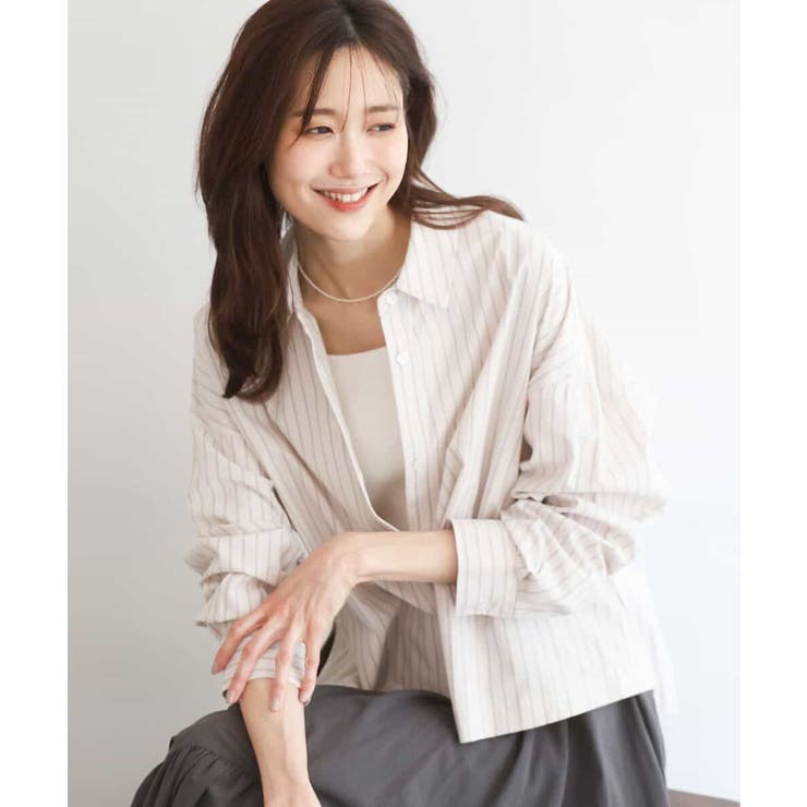 ベージュ | クロップド丈コットンストライプシャツブラウス/洗える | MK MICHEL KLEIN